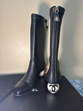 Black Leather Knee Boots with Signature Sphere Heel